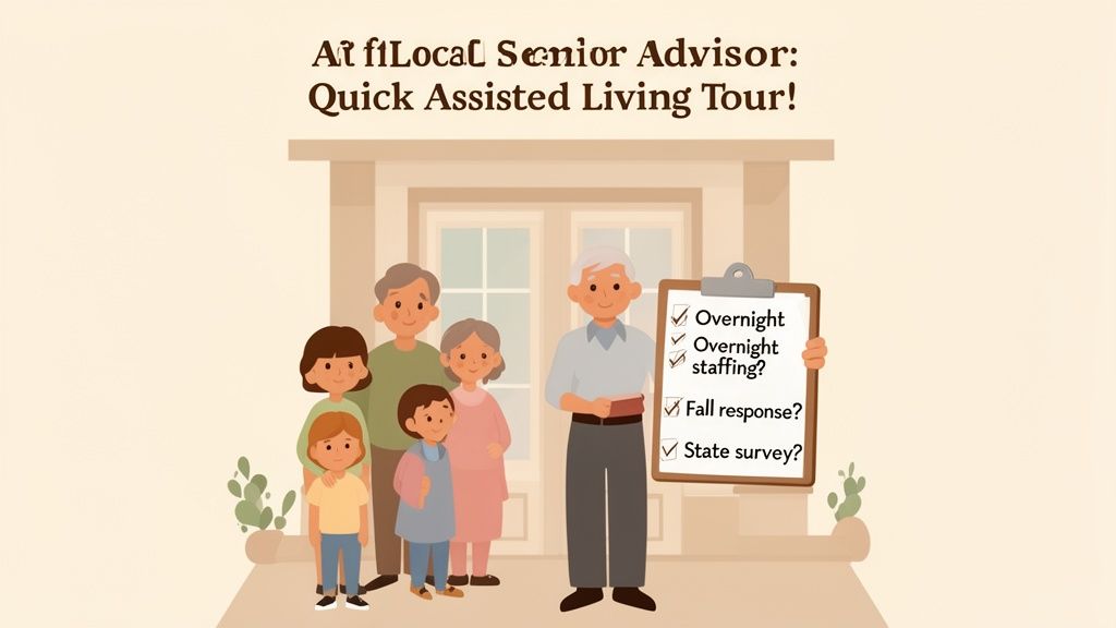 A senior advisor helps a family explore assisted living options, holding a checklist of important questions about care.