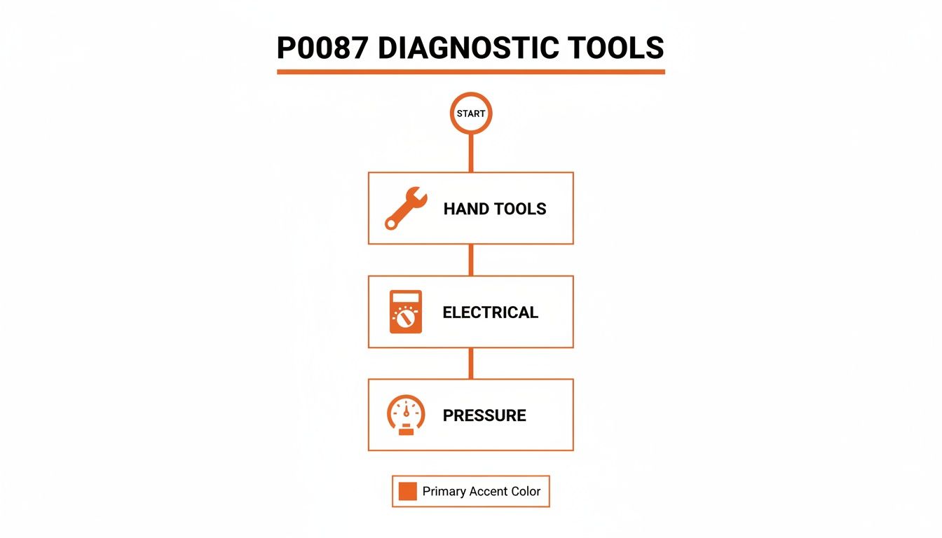 A diagnostic flowchart displaying tools for P0087, including hand tools, electrical testers, and pressure gauges.