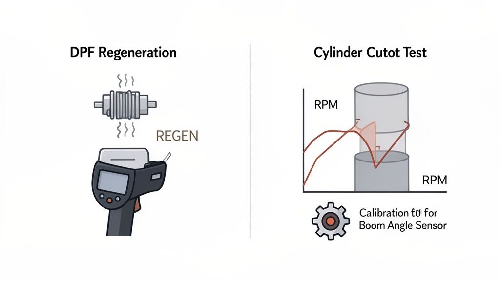 Diagrams showing DPF regeneration with a handheld device and a cylinder cutot test graph with sensor calibration.