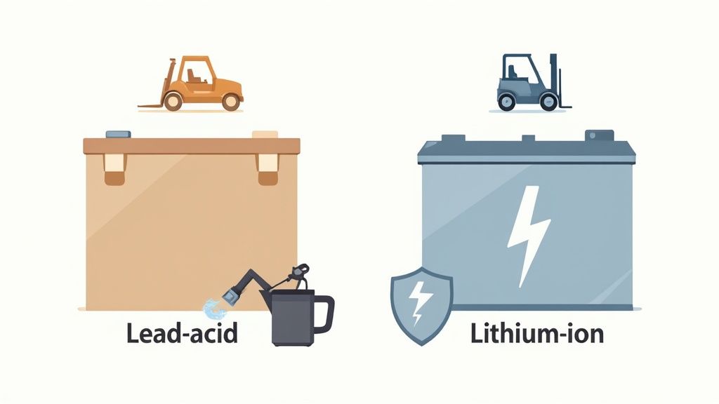 Illustration comparing lead-acid batteries that require watering with maintenance-free lithium-ion batteries for forklifts.
