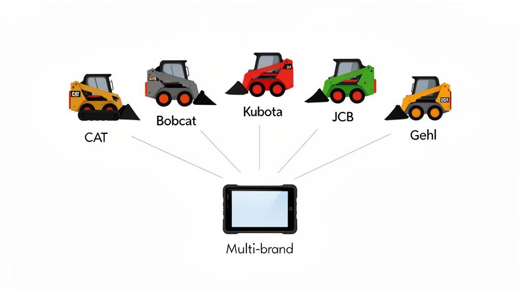 Five skid steer brands (CAT, Bobcat, Kubota, JCB, Gehl) connect to a multi-brand diagnostic tablet.