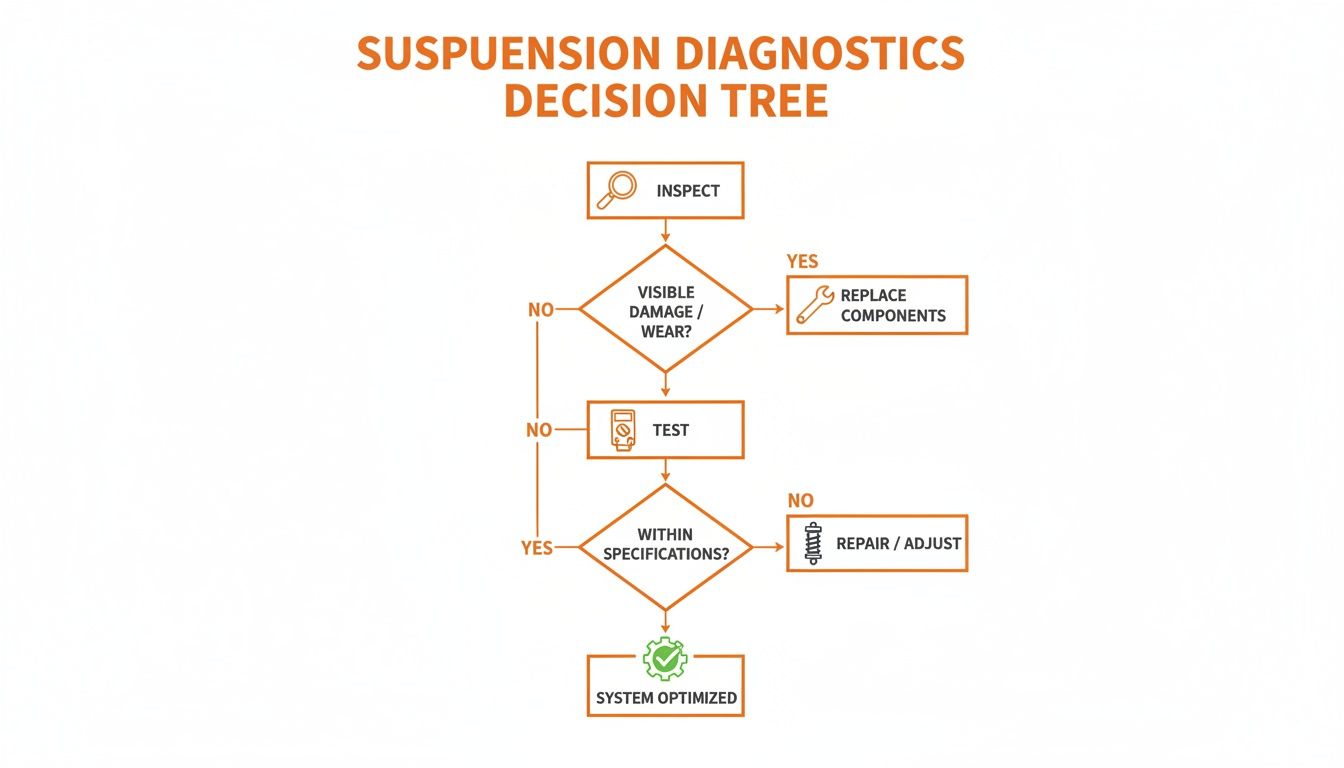 Flowchart illustrating a suspension diagnostics decision tree, guiding from inspection to repair or optimization.