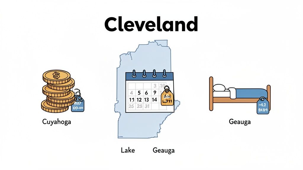 Illustration showing Cleveland area with financial icons, a calendar, and a bed, indicating costs across counties.
