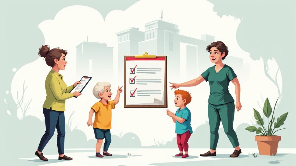 A female caregiver and a senior woman smile together while working on a puzzle in a bright, welcoming room.