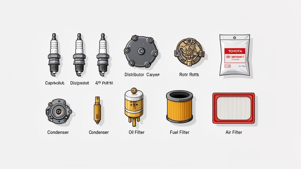 An organized collection of various Toyota car engine-tune-up parts including spark plugs, filters, and a distributor.