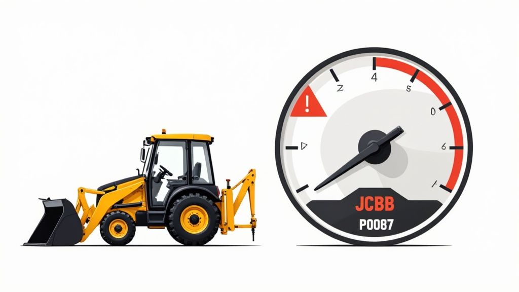 An illustration of a yellow JCB backhoe loader next to a P0087 diagnostic gauge with a warning.