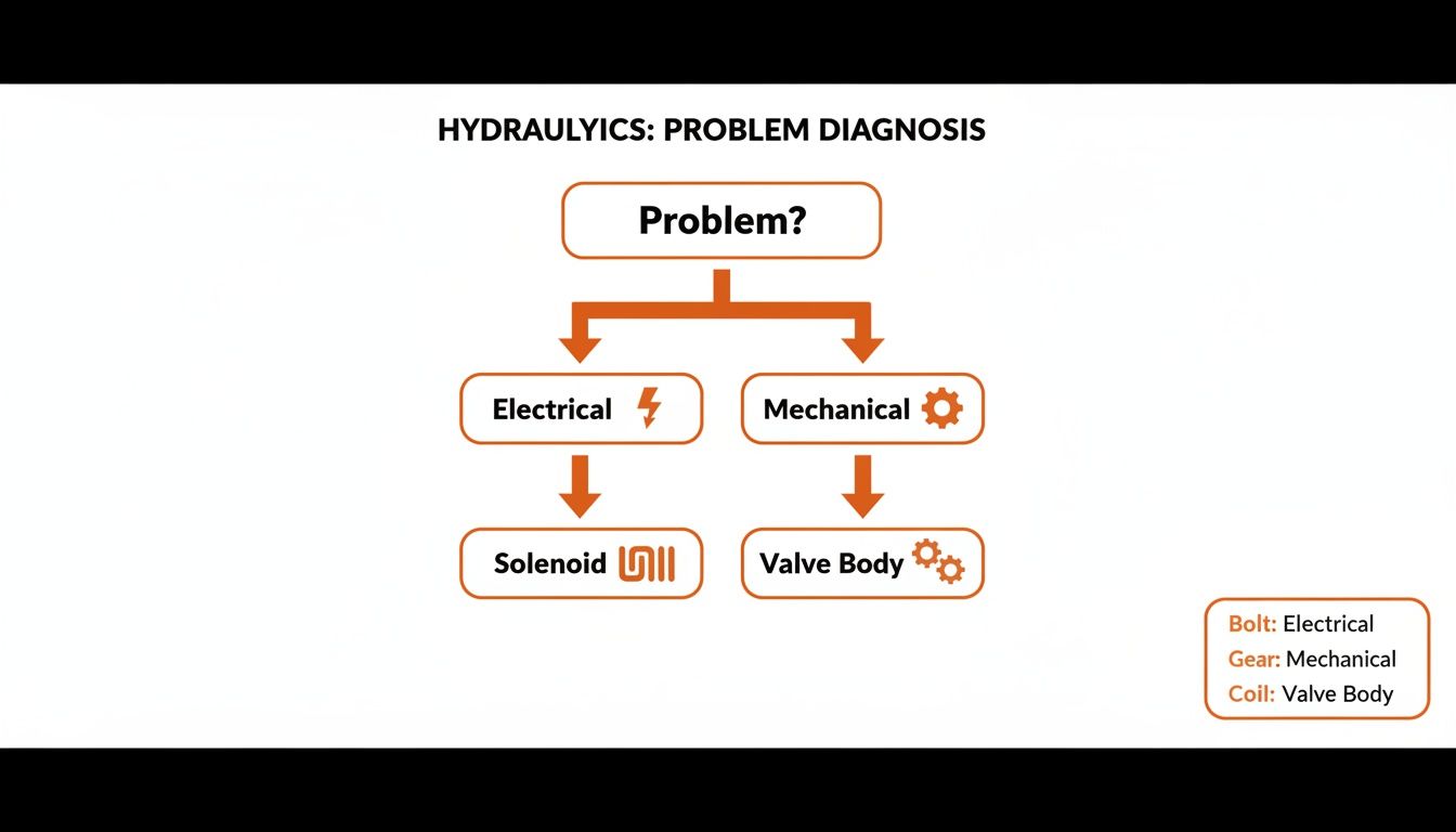 Flowchart for hydraulics problem diagnosis, branching into electrical (solenoid) and mechanical (valve body) issues.