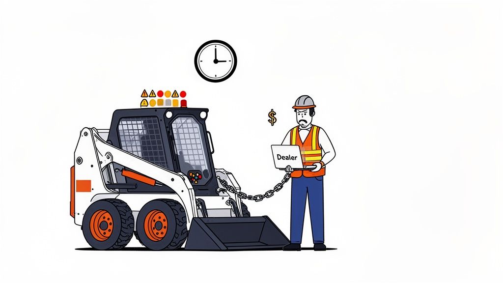 Frustrated worker chained to a skid steer loader, holding a 'Dealer' laptop, symbolizing dealer dependency and costs.