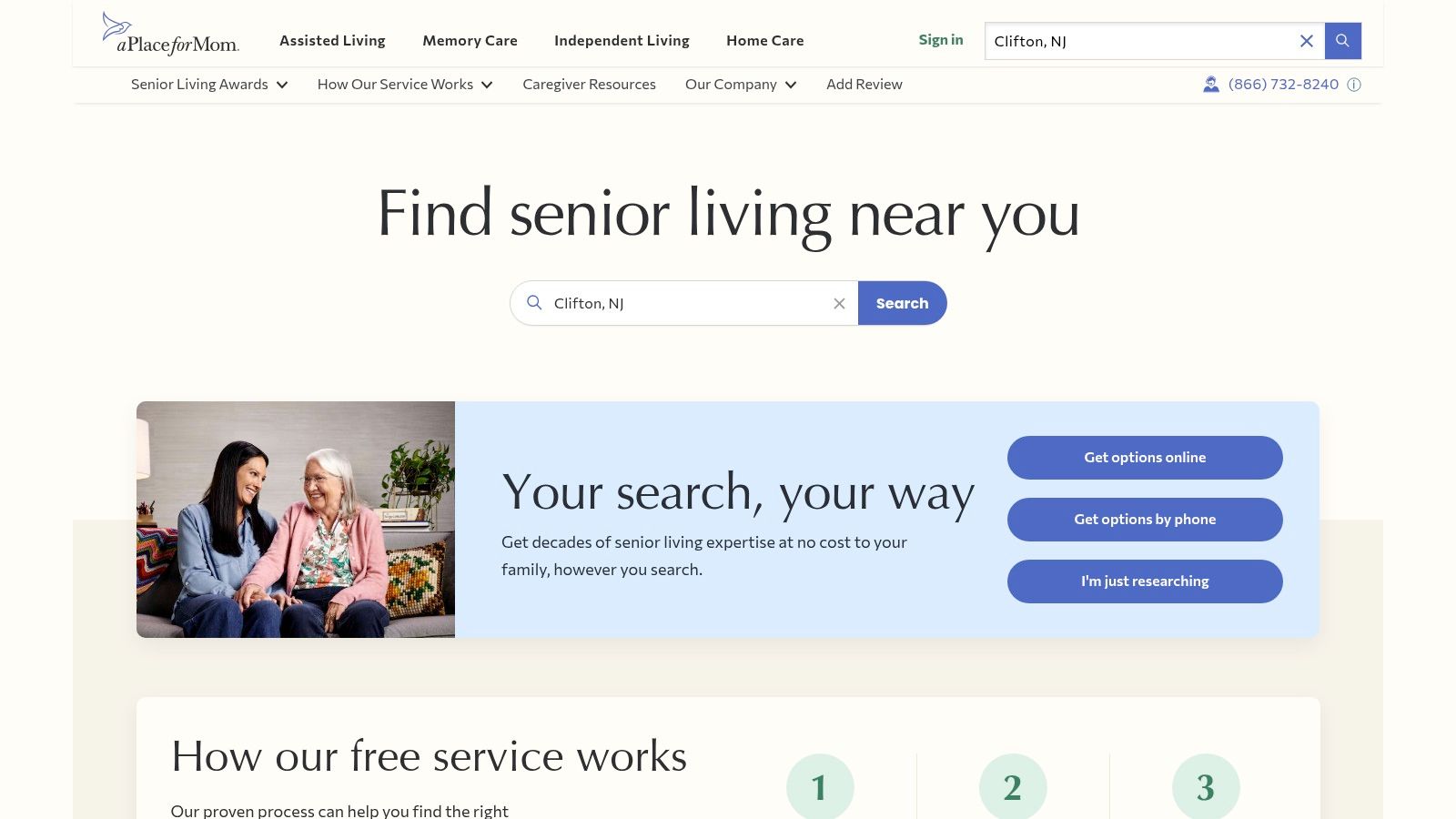 A person on a laptop browsing A Place for Mom's website to find senior living options.