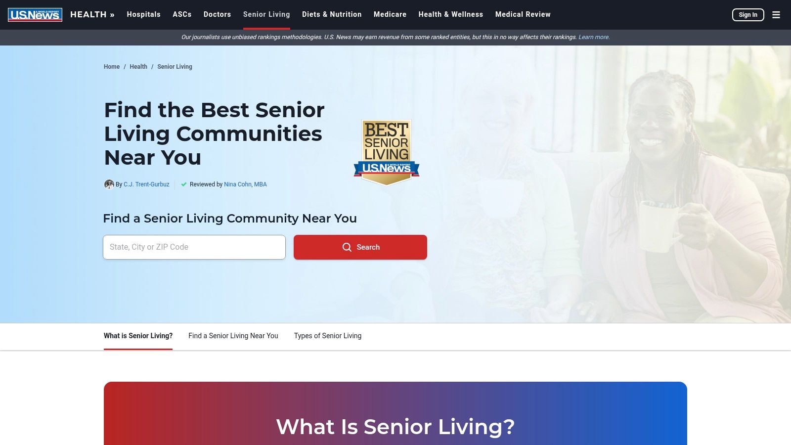 A family member reviewing the U.S. News & World Report Best Senior Living ratings on a tablet.
