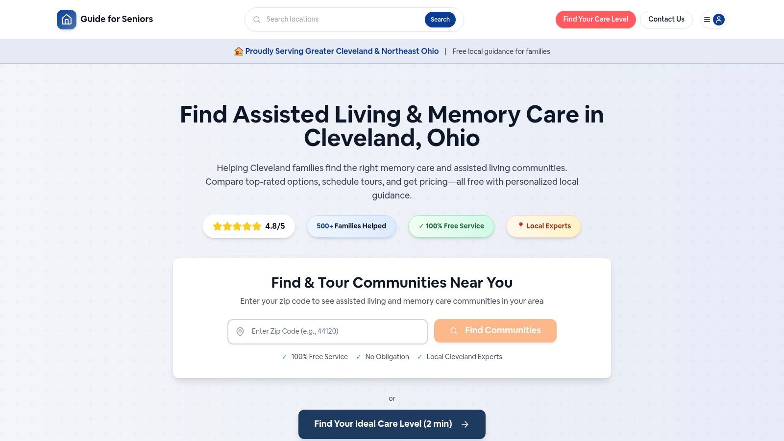Guide for Seniors website homepage showing a search function for senior care in the Cleveland area.