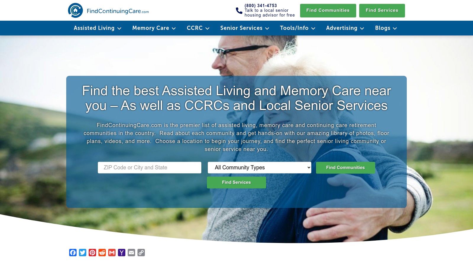 FindContinuingCare homepage showing a search bar and images of senior living communities