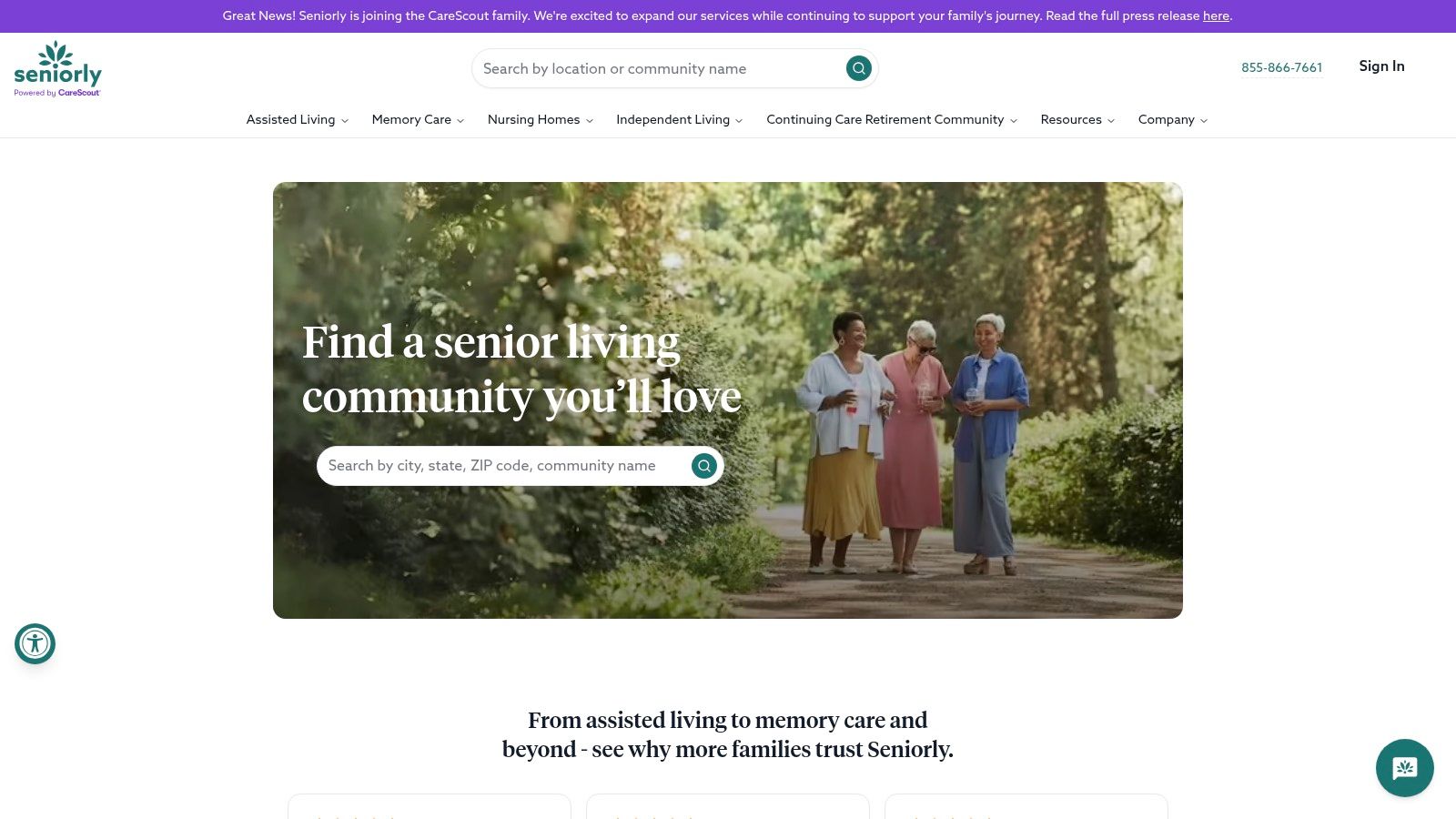 Seniorly homepage showing a search bar and a senior with family