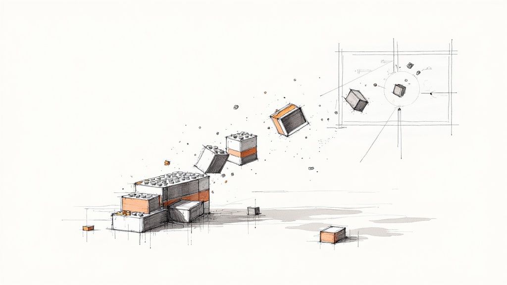 A person's hands building with colorful LEGO-like blocks on a wooden table, representing structured creativity.