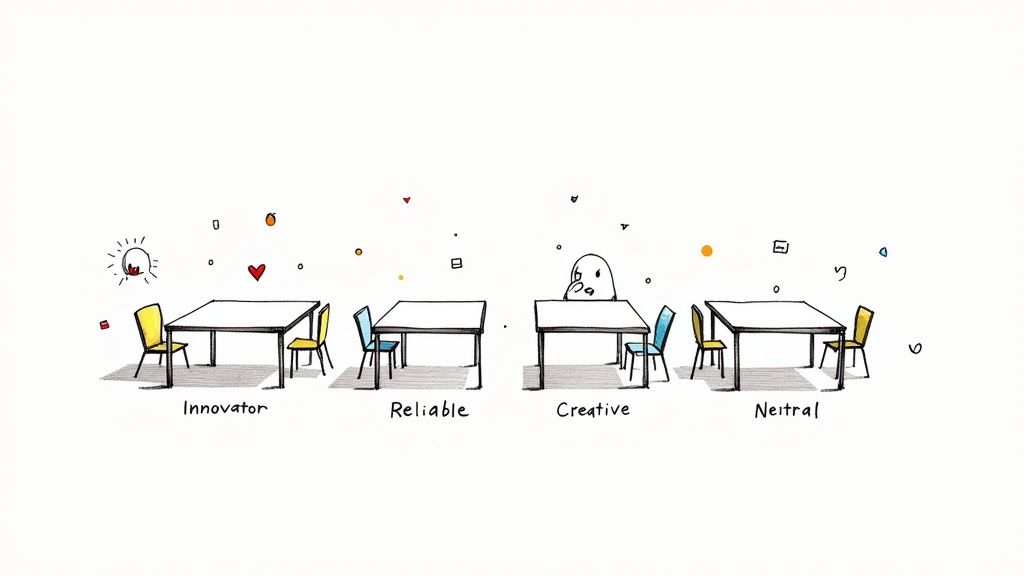 An abstract image showing different colored shapes finding their unique spots among others, visualizing market positioning.