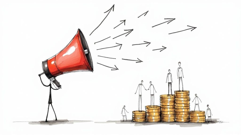 An image showing a small megaphone icon creating large sound waves that transform into coins and dollar signs.