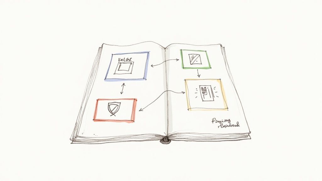 Hand-drawn diagram in an open book showing a conceptual pricing playbook with interconnected boxes for value and other elements.