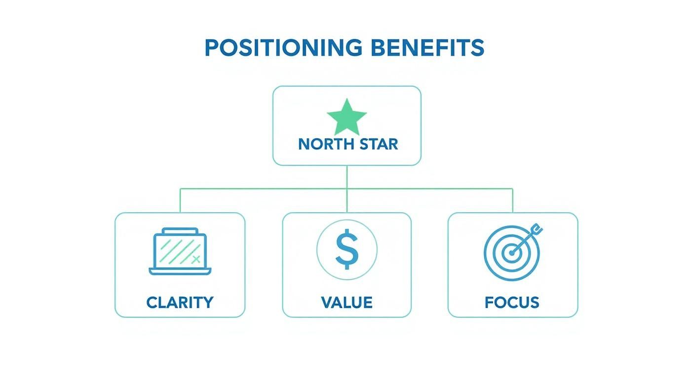 Infographic about what is product positioning, showing how a North Star leads to Clarity, Value, and Focus.