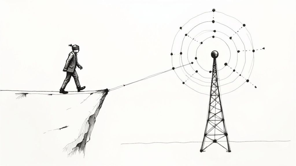 A person looking through binoculars at a city skyline, symbolizing market observation.