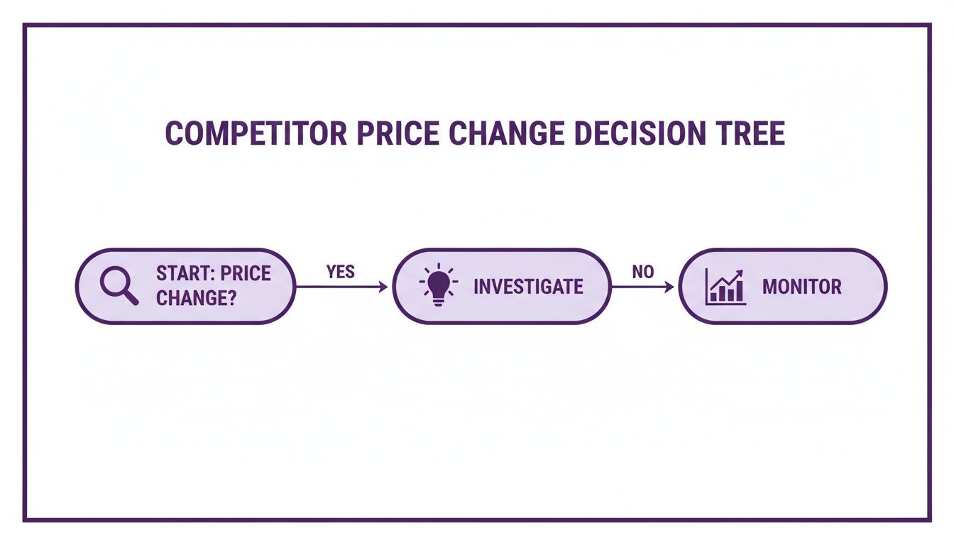 A competitor price change decision tree flowchart showing steps to investigate and monitor.