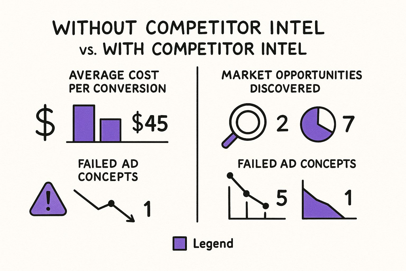 Infographic about advertising competitive intelligence showing lower costs, more opportunities, and fewer failures when using competitor intel.