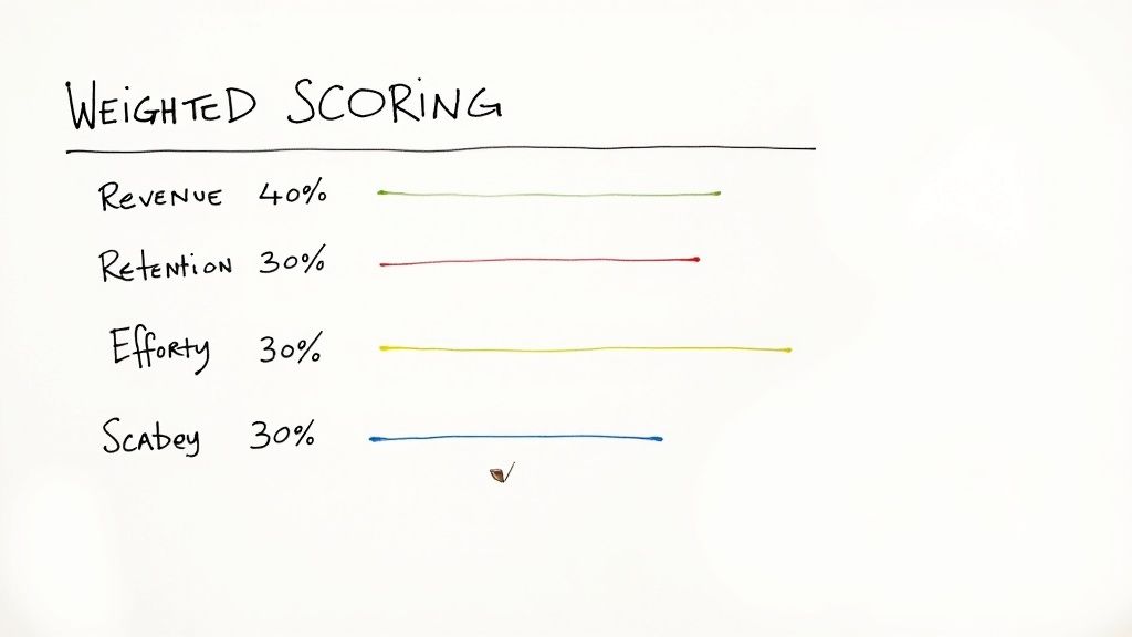 A person at a desk using a calculator and taking notes, symbolizing the analytical nature of the weighted scoring method.