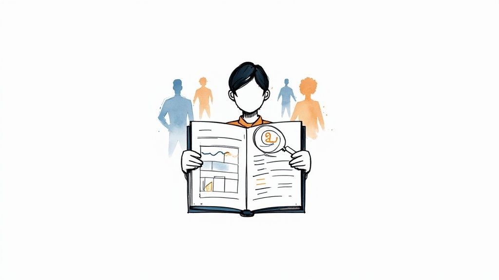 A person using a magnifying glass to look at a chart, representing competitive intelligence.