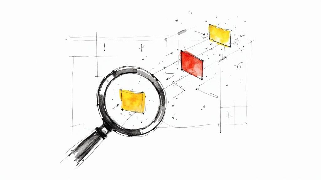 A person using a magnifying glass to look at a computer screen showing ad analytics and charts.