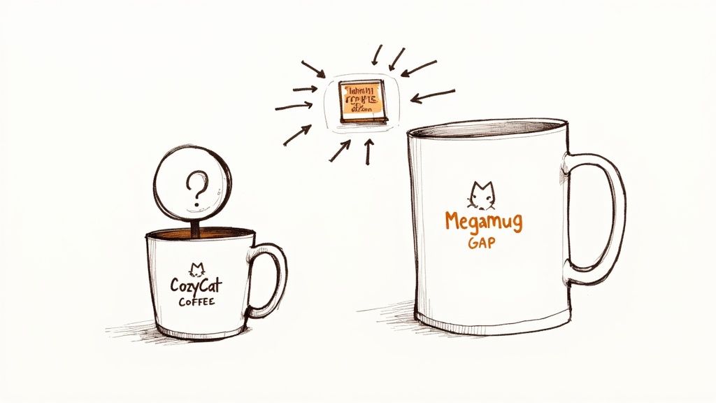 A cozy coffee shop with a cat logo, representing the fictional company CozyCatCoffee.