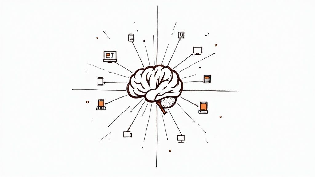 An abstract image showing AI neural networks and data points overlaying a dashboard of ad creatives.