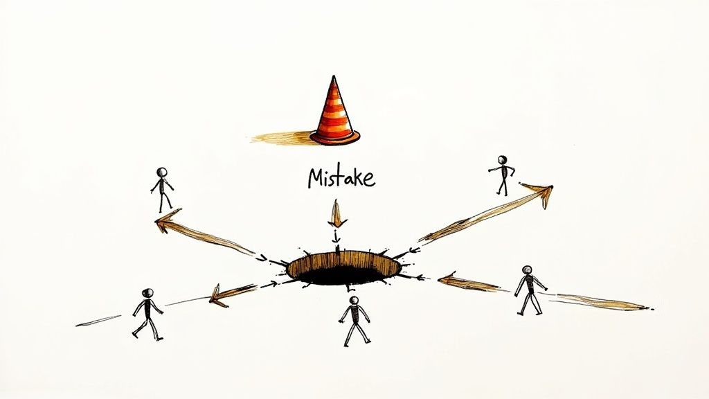 A person cautiously navigating a path filled with red warning signs and potential pitfalls, representing marketing mistakes.