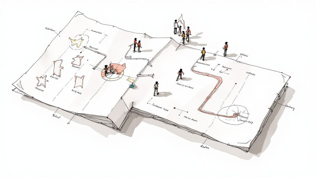 A team collaborating around a whiteboard with sticky notes, illustrating the process of feature prioritization.