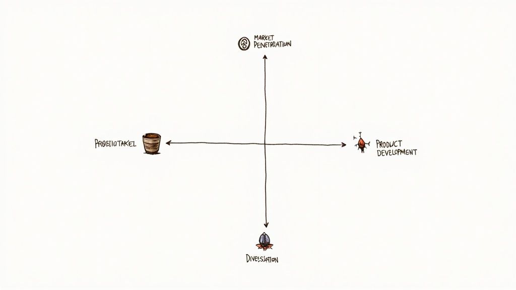 A visual representation of the four quadrants of the Product Market Matrix, showing the relationship between products and markets.