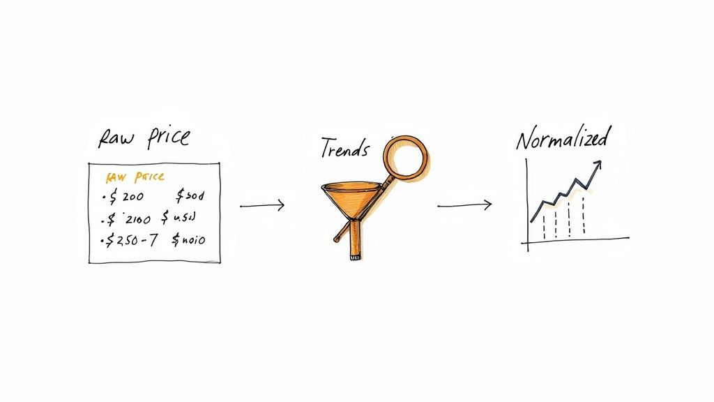 A diagram illustrating the process of transforming raw price data through trend analysis into normalized data.