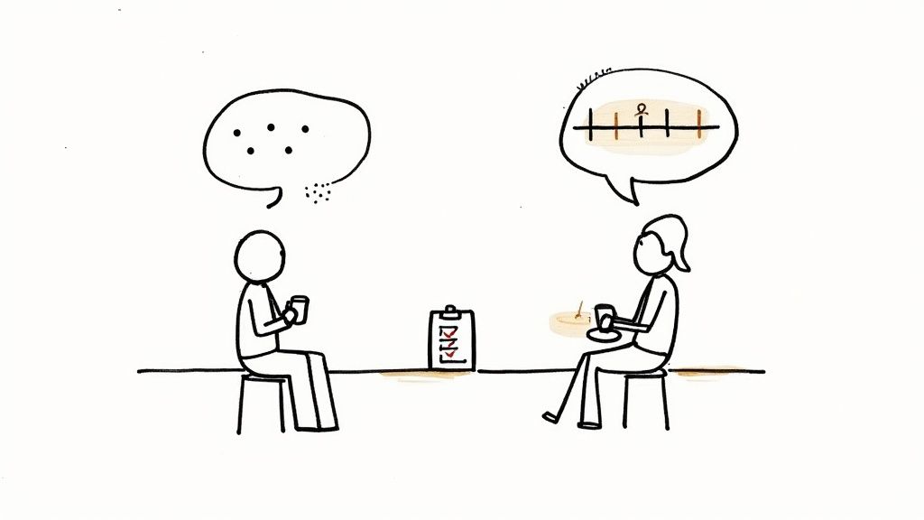 A group of people having a relaxed conversation around a table with notebooks.