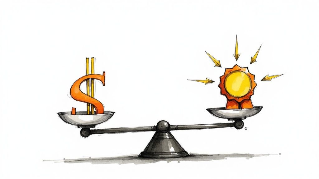 A person at a whiteboard drawing a pricing strategy chart, surrounded by sticky notes with competitor data.