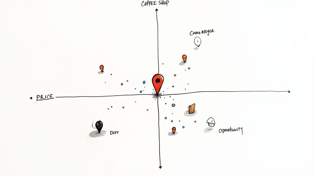 A visual representation of a market positioning matrix with competitors plotted on a grid.