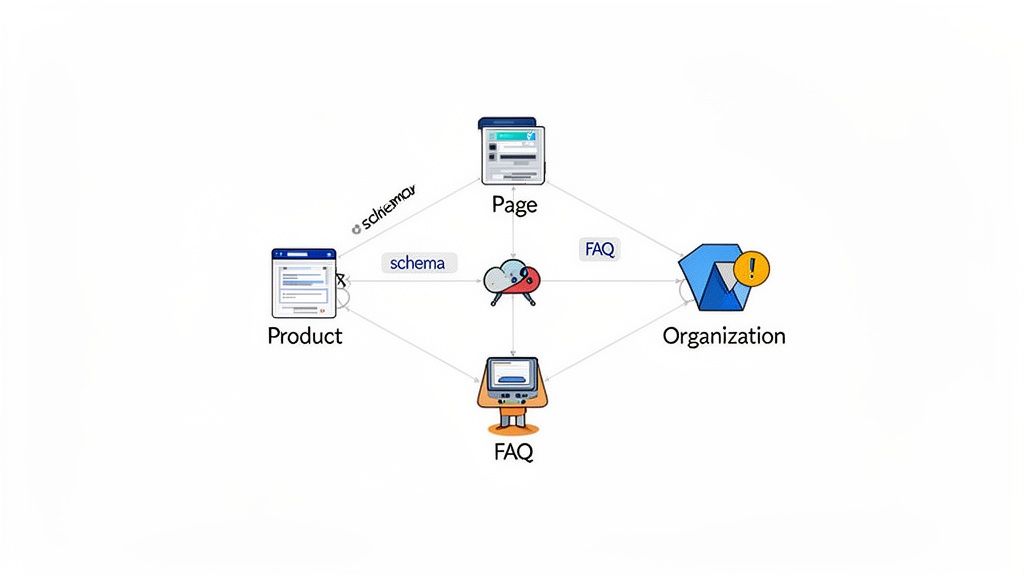 Diagram showing interconnected product, page, organization, and FAQ entities with schema markup.