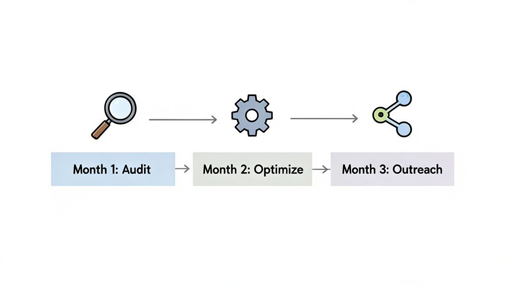 Timeline graphic depicting a three-month strategy for SEO, including audit, optimize, and outreach steps.