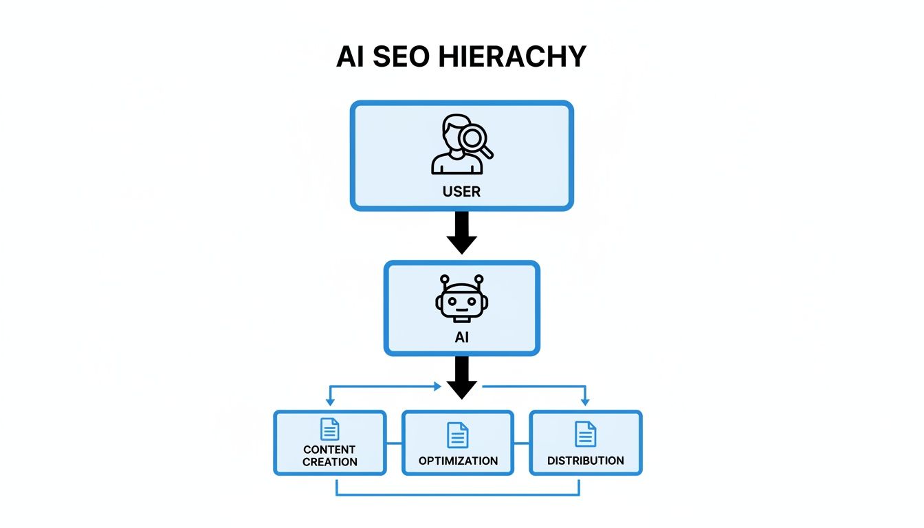 Diagram illustrating the AI SEO hierarchy, showing user, AI, content creation, optimization, and distribution.