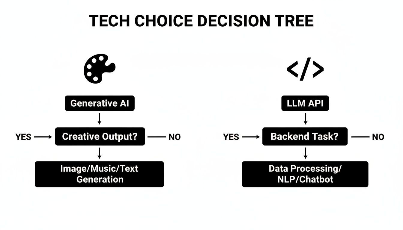 Decision tree illustrating technology choices between Generative AI for creative output and LLM API for backend tasks.