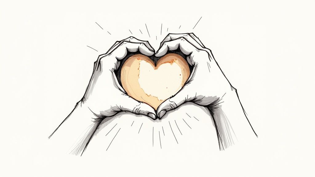 An illustration showing two hands forming a heart shape, holding a light brown heart-shaped object.