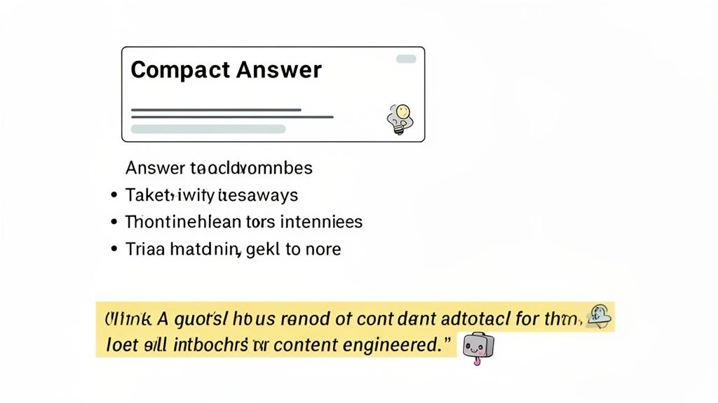 A 'Compact Answer' box displaying unreadable text and bullet points, with a highlighted quote below about 'content engineered' content.