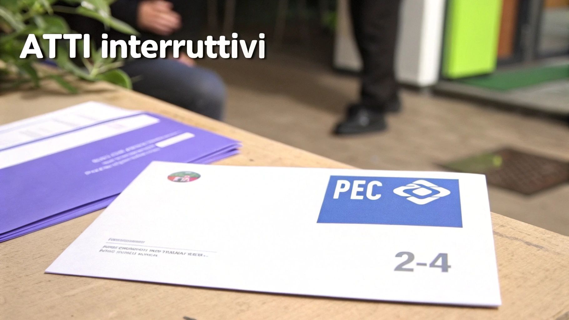 Buste viola e una busta bianca con 'PEC' su un tavolo di legno, con il testo 'ATTI interruttivi'.
