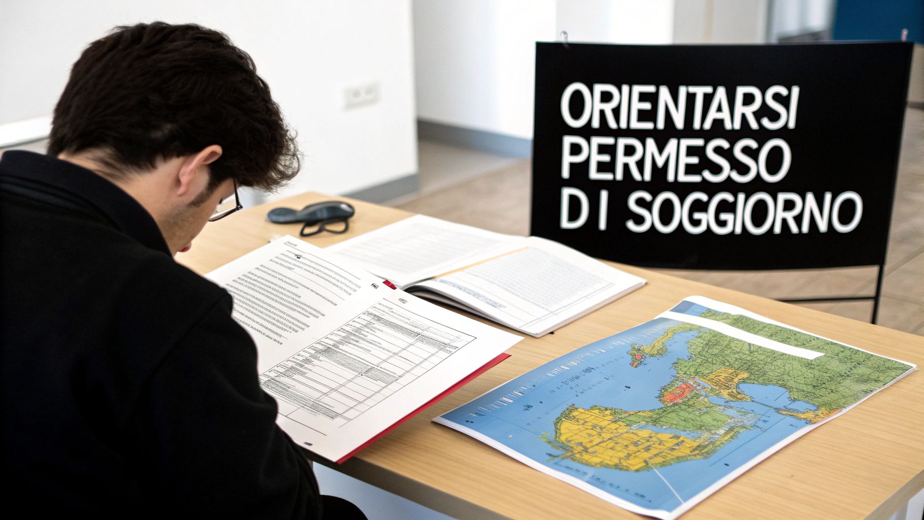 Un giovane studia documenti e una mappa su un tavolo di legno. Sullo sfondo, un cartello indica 'Permesso di Soggiorno'.