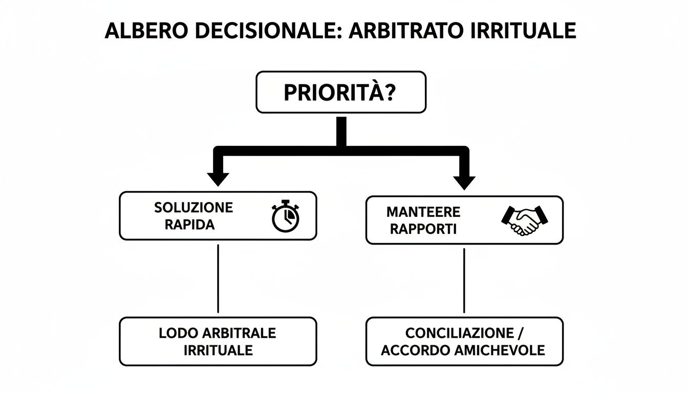 Diagramma di flusso per l'arbitrato irrituale, che valuta la priorità tra una soluzione rapida e il mantenimento dei rapporti, portando a lodo arbitrale o conciliazione.
