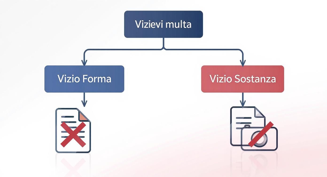 Diagramma che mostra la distinzione tra vizio di forma e vizio di sostanza nelle infrazioni