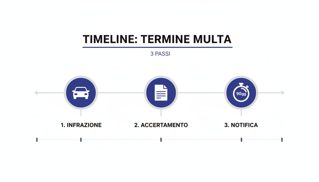 Infografica mostra la timeline di una multa: infrazione, accertamento e notifica entro 90 giorni.