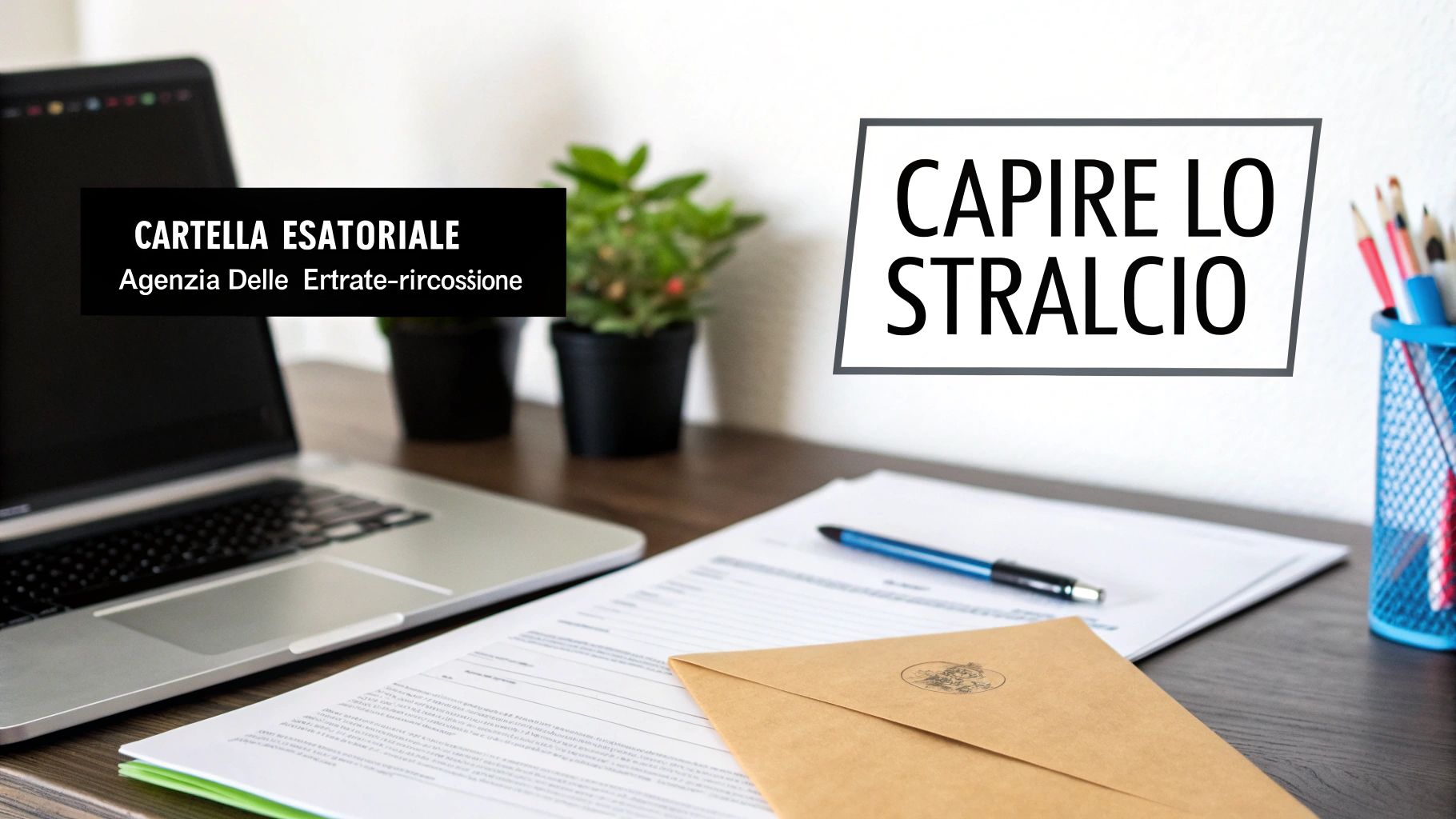 Ufficio con laptop, documenti, testo 'CAPIRE LO STRALCIO' e 'CARTELLA ESATTORIALE Agenzia Delle Entrate-riscossione'.