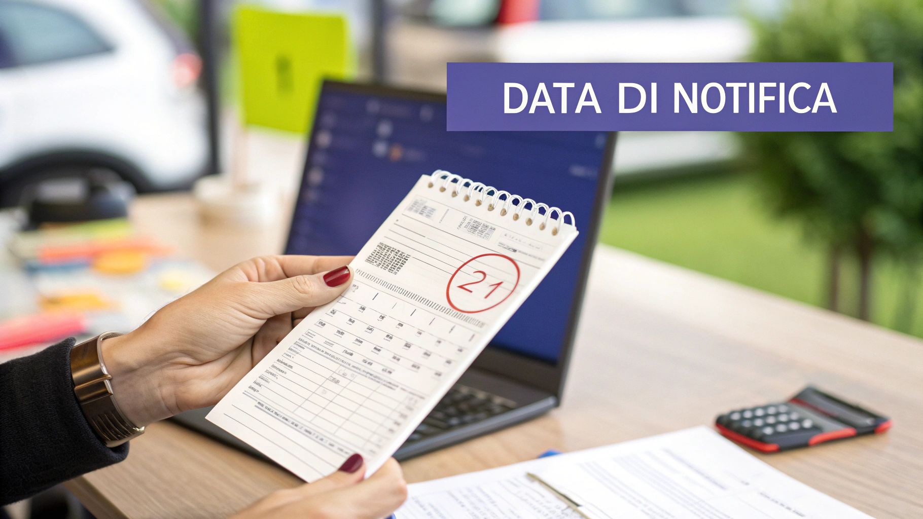 Mani che tengono un documento simile a un calendario con il giorno 21 cerchiato, evidenziando una data di notifica.